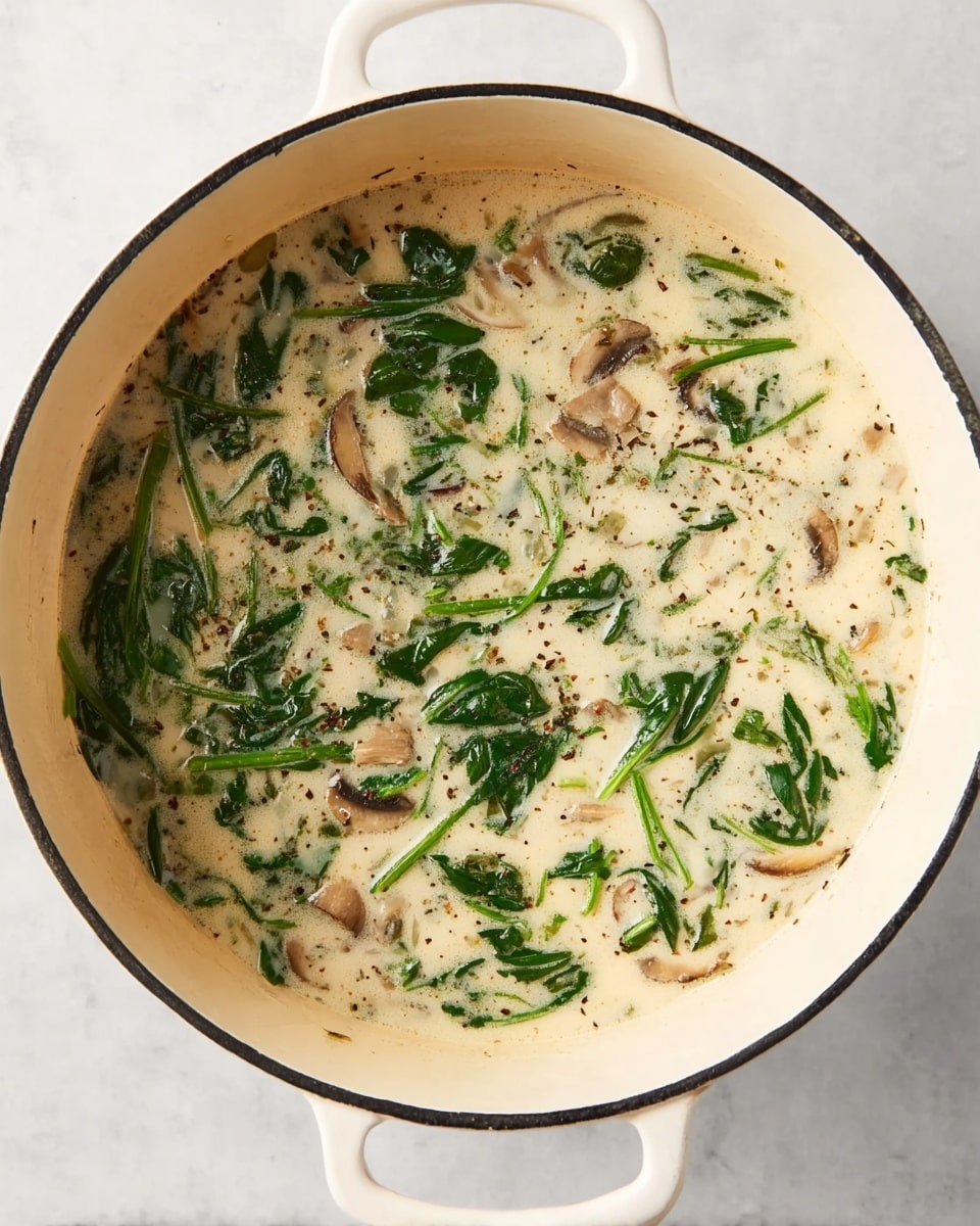 A white enamel pot with black rim is filled with a creamy light beige soup that has visible green leafy spinach scattered across the surface. There are small pieces of pale brown mushrooms and specks of black herbs mixed throughout the soup, floating evenly in the creamy base. The pot sits on a white marbled surface, and the soup looks warm and freshly made. photo taken with an iphone --ar 4:5 --v 7