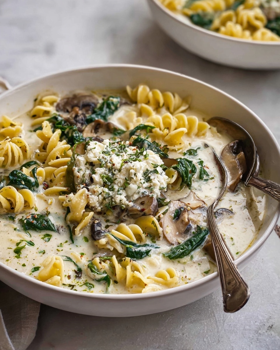 A white bowl filled with creamy white soup layered with light yellow curly pasta around the edges. The soup has dark green spinach leaves and brown mushroom slices visible within the creamy base. On top in the center is a dollop of crumbly white cheese mixed with herbs. Two vintage silver spoons rest inside the bowl on one side. The bowl sits on a white marbled surface. Photo taken with an iphone --ar 4:5 --v 7