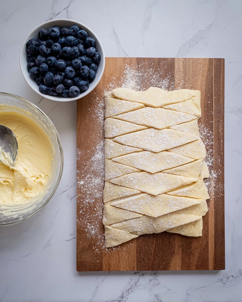 A large rectangular piece of dough with several parallel diagonal cuts on both sides and three small triangular cuts at the bottom edge, all dusted lightly with flour, rests on a wooden cutting board placed on a white marbled surface. To the left of the cutting board, there is a white bowl filled with fresh dark blue blueberries and a clear glass bowl containing a creamy, pale yellow mixture with a spoon inside. photo taken with an iphone --ar 4:5 --v 7