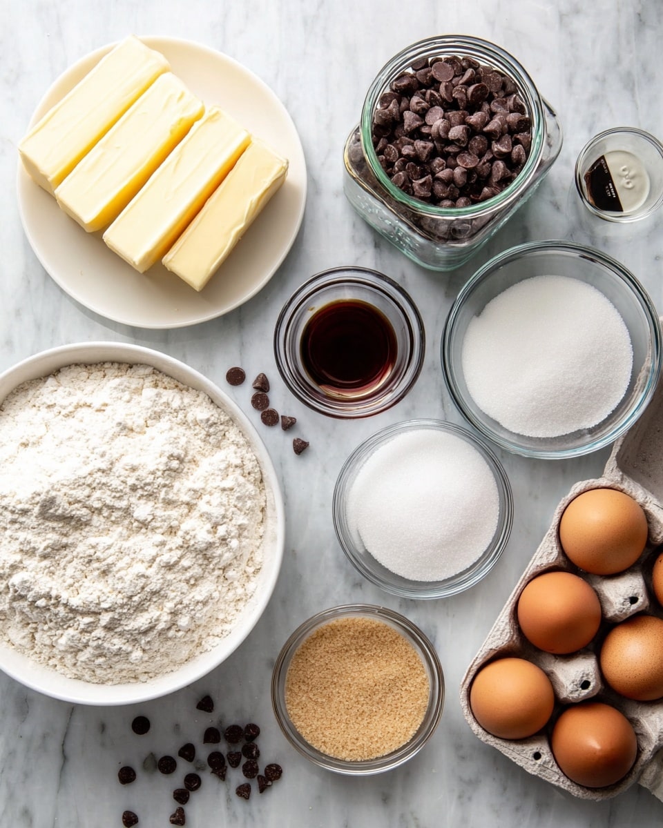 The image shows various baking ingredients arranged on a white marbled surface. On the left side, there is a white bowl filled with white flour, next to it three sticks of pale yellow butter stacked unevenly. Above the butter, a glass jar filled with dark brown chocolate chips is open, some chips scattered nearby. To the right of the jar, there are three small clear glass bowls: one with white baking powder, one with dark brown vanilla extract, and one with white salt. Below these, a larger clear bowl contains white granulated sugar. On the far right, there is an open carton holding six brown eggs, and below that a smaller clear bowl filled with light brown sugar. The whole setup is neatly organized and well lit, photo taken with an iphone --ar 4:5 --v 7
