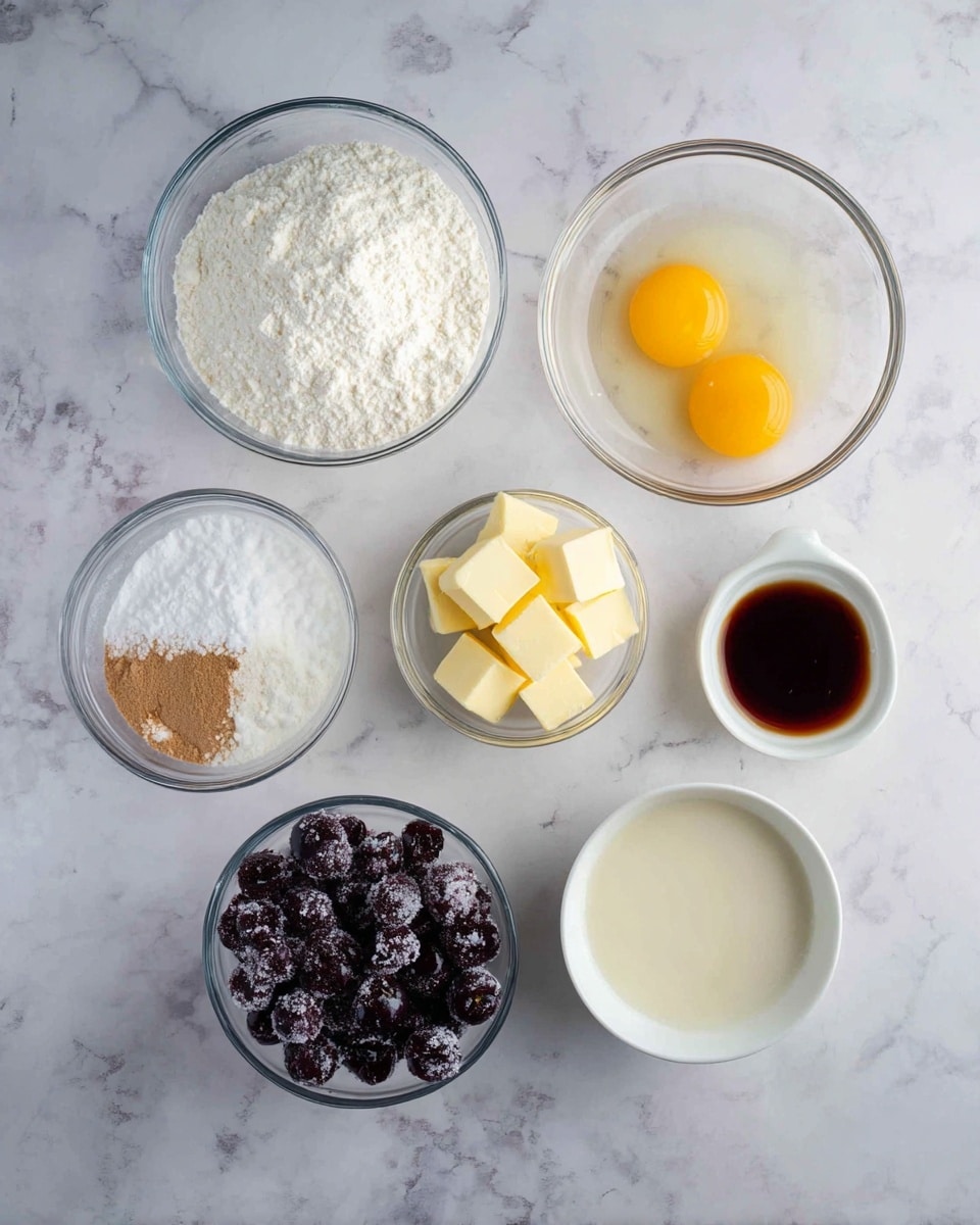 The image shows seven small clear glass bowls and two white bowls arranged on a white marbled surface. At the top right, a bowl contains two raw egg yolks with clear egg whites. Below it and slightly to the right is a small bowl with two cubes of pale yellow butter. To the left of the butter, a bowl holds a mixture of white and light brown powders. On the far left side of the image, there is a bowl filled with white flour. Near the top center, a bowl has light cream-colored liquid. At the bottom center, a white bowl holds dark frozen berries with a frosty texture. To the left of the berries, a small bowl contains dark brown liquid, likely vanilla extract. All the bowls have simple, smooth textures. Photo taken with an iphone --ar 4:5 --v 7