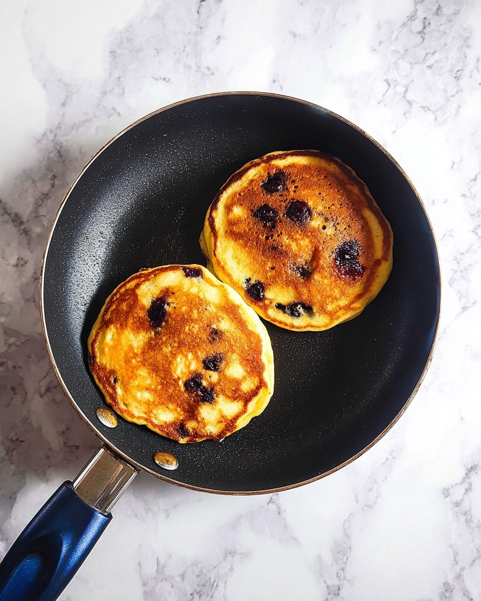 Two golden brown pancakes with dark blueberries cooked inside are in a black frying pan with a blue and black handle. Each pancake is thick and fluffy with a warm yellow inside and a slightly crispy, browned outside. The dark spots of blueberries add texture and color on the surface. The frying pan sits on a white marbled surface. photo taken with an iphone --ar 4:5 --v 7