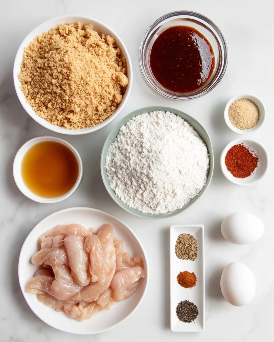 The image shows a top view of several ingredients arranged neatly on a white marbled surface. There is a white bowl filled with light brown crushed crumbs at the top left, next to a small clear glass bowl containing thick dark brown sauce on the top right. Below the crumbs is a round grey bowl filled with white flour. In the center right, a white bowl holds pale pink raw chicken strips. Below that, a small white bowl contains a glossy honey-colored liquid. On the far right, a white rectangular plate holds several small piles of different spices in shades of beige, red, and black. Two white eggs sit near the bottom right edge. photo taken with an iphone --ar 4:5 --v 7