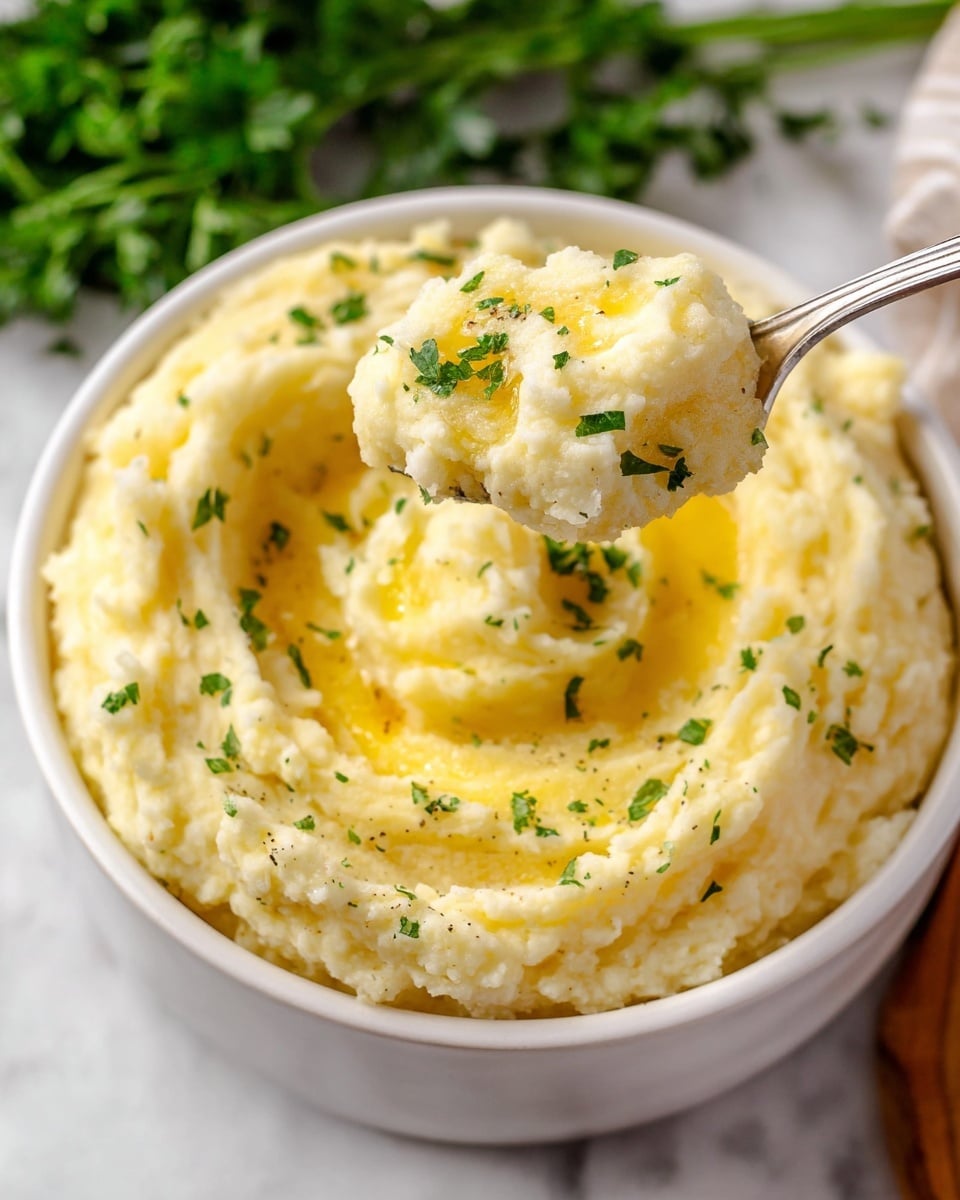 The image shows a white bowl filled with light yellow mashed potatoes that have a soft, fluffy texture. There is a swirl in the center holding melted golden butter, with small green parsley pieces sprinkled on top and around the potatoes. A spoon holds a scoop of the mashed potatoes, lifted above the bowl, showing the creamy and slightly grainy texture with a few chopped parsley bits on it. The background has green parsley leaves blurred out and a white marbled surface under the bowl. Photo taken with an iphone --ar 4:5 --v 7