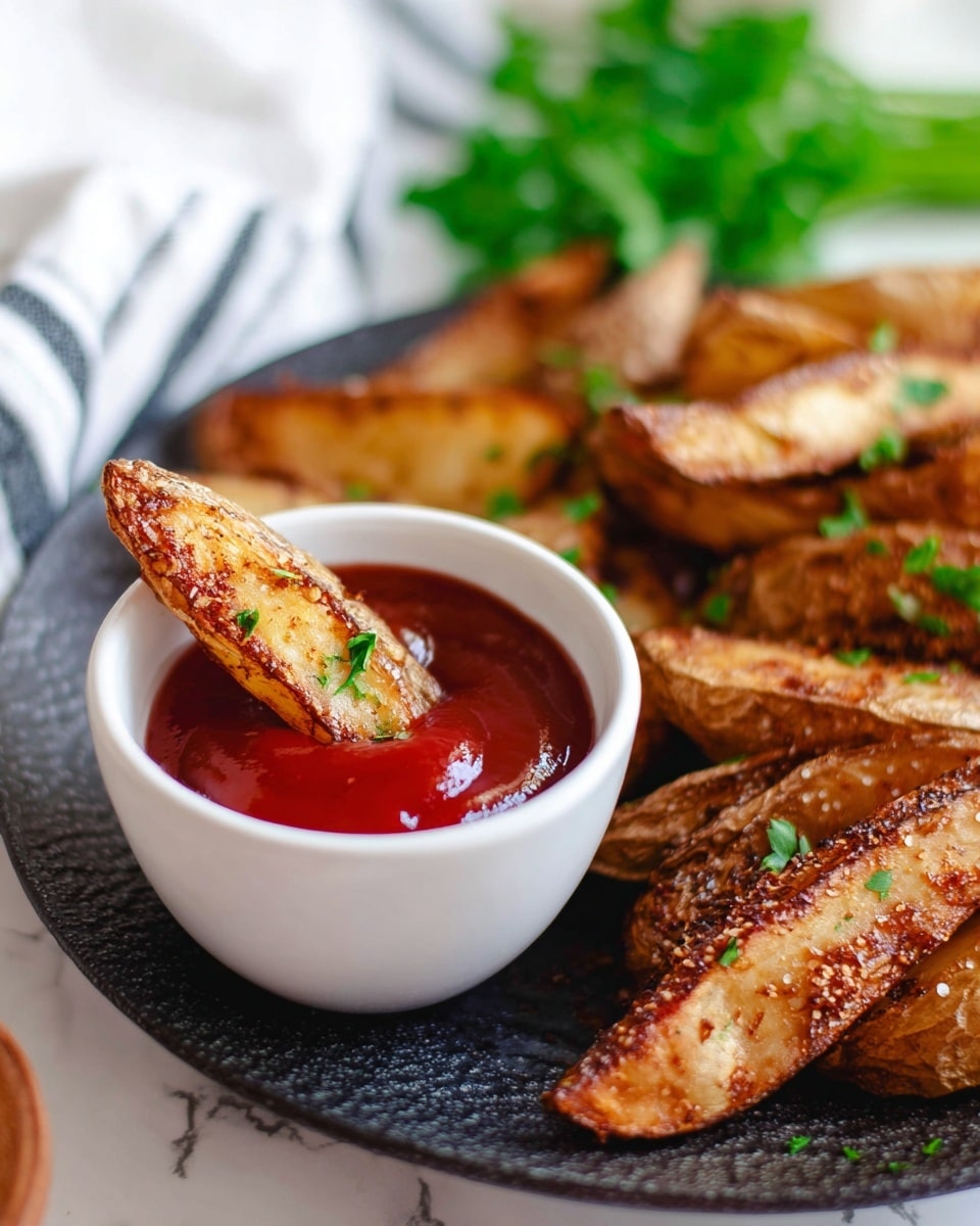 A small white bowl filled with smooth, shiny red ketchup sits in the front right, holding a single golden-brown potato wedge coated with spices and some green parsley leaf on it, partially dipped into the sauce. Behind the bowl, a black textured plate holds many more crispy potato wedges, each with a rough, browned skin, sprinkled with bits of green parsley. The plate is placed on a white marbled surface with a blurred background of green herbs and a white cloth with black stripes. The lighting is soft, highlighting the crispy texture and warm colors of the potato wedges. Photo taken with an iphone --ar 4:5 --v 7