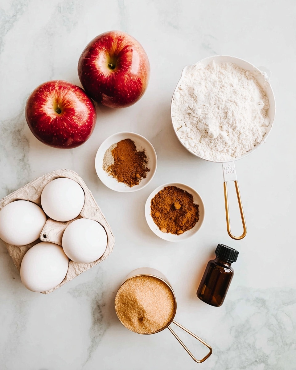 Two red apples with a shiny skin sit on a white marbled surface, placed near two small white bowls filled with brown spices, one slightly darker than the other. Next to the apples are a half dozen white eggs resting in a beige carton, and a white measuring cup with a golden handle filled to the top with white flour. Below this is another white measuring cup with a golden handle, filled with light brown sugar. To the right of the flour cup is a small, dark amber bottle with a black cap. The whole setup is neatly arranged with soft natural light highlighting the textures and colors. photo taken with an iphone --ar 4:5 --v 7
