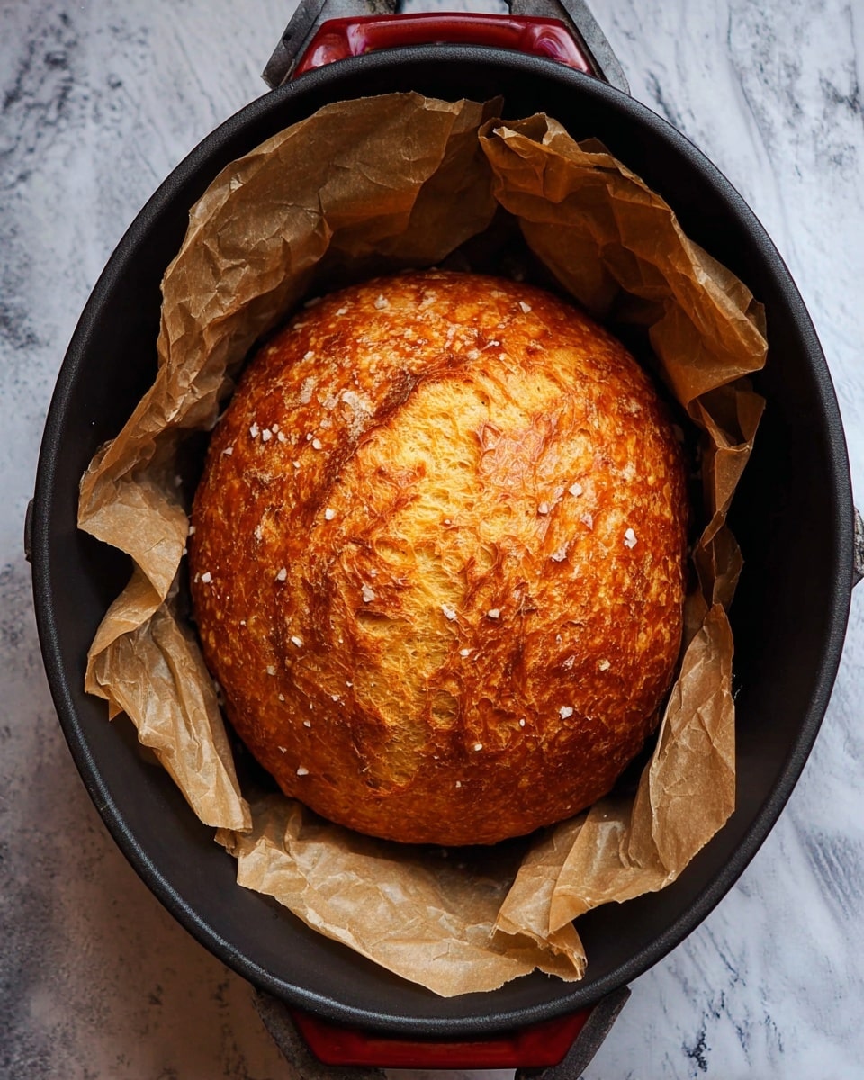 A round loaf of golden brown bread with a textured crust sits in the center of a black oval baking dish lined with crumpled light brown parchment paper. The bread has a slightly shiny and crusty surface with small white spots of flour or salt. The baking dish has red handles, and the background is a white marbled texture. photo taken with an iphone --ar 4:5 --v 7