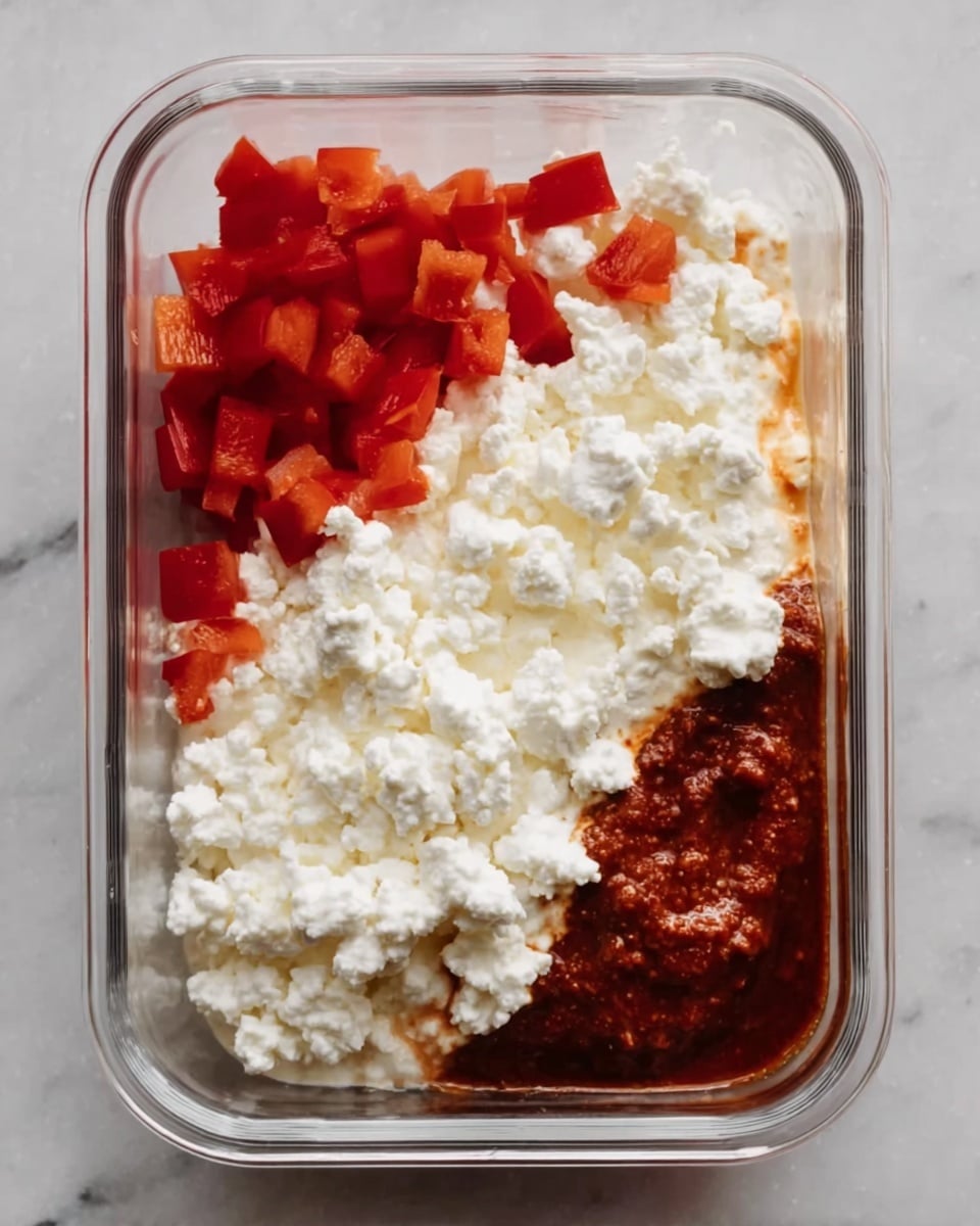 The image shows a clear rectangular container on a white marbled surface with three distinct layers inside. In the bottom left corner are small, bright red pieces of bell pepper, roughly chopped. Above and overlapping slightly to the right is a thick, grainy white layer of cottage cheese with a soft, chunky texture. At the top right corner, there is a smooth, dark reddish-brown sauce or paste with a slight shine. The layers are side by side, not mixed. Photo taken with an iphone --ar 4:5 --v 7