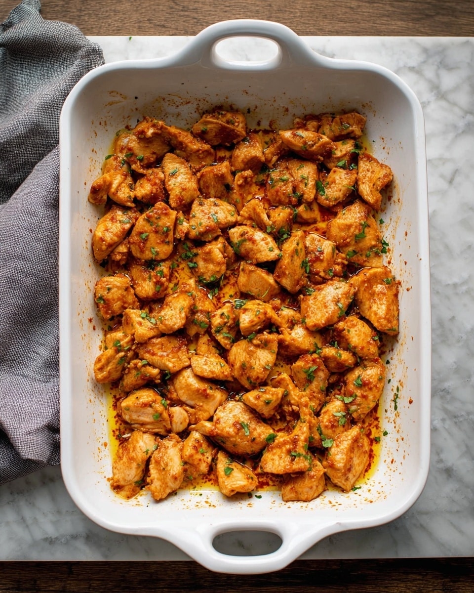 A white rectangular baking dish filled with small pieces of chicken evenly spread out in one layer. The chicken pieces are coated in a reddish spice mix, giving them a warm, orange-brown color with visible green herbs scattered on top. The dish rests on a white marbled surface, and a gray cloth is partially visible on the left side. The overall look shows a seasoned, ready-to-cook chicken preparation. photo taken with an iphone --ar 4:5 --v 7