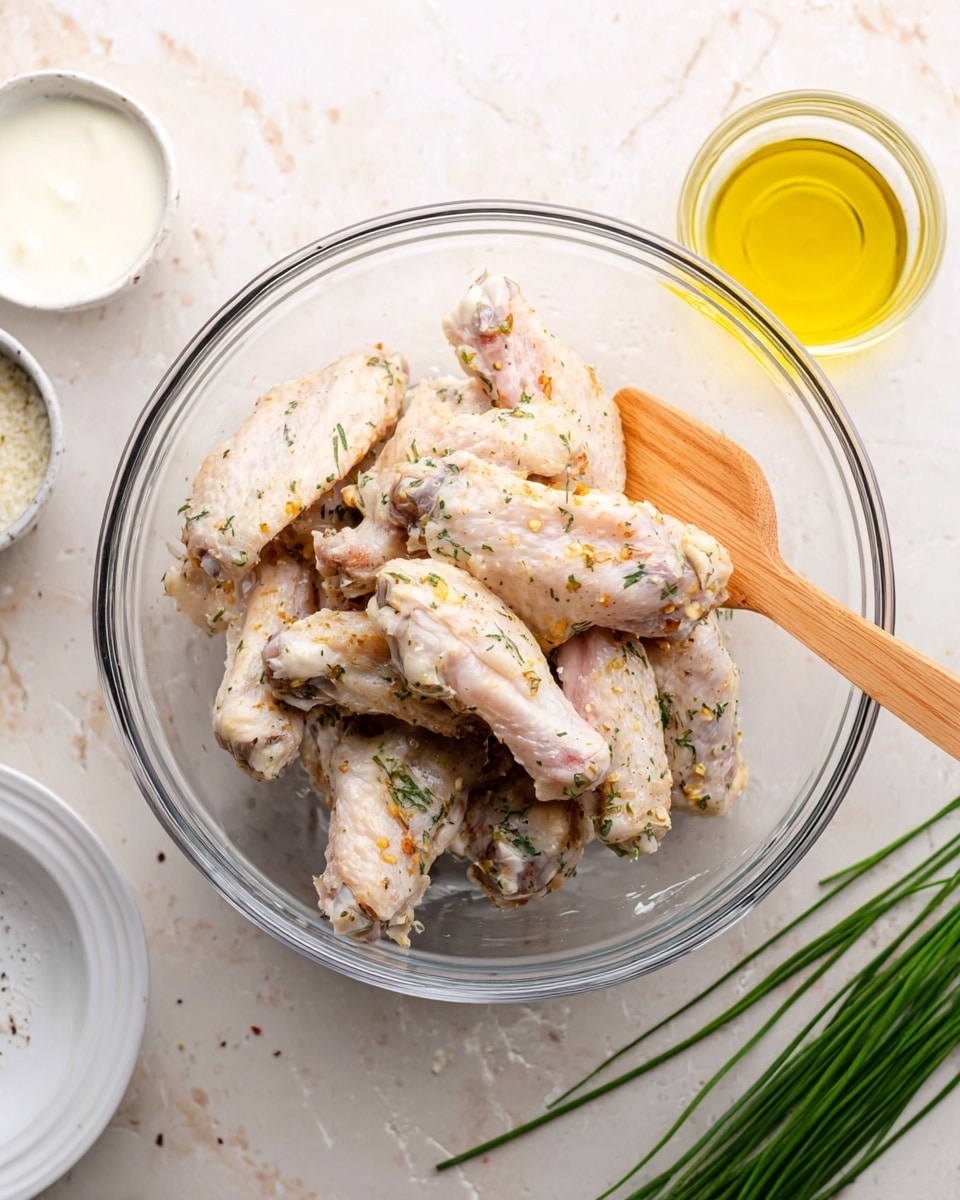 A clear glass bowl sits on a white marbled surface and is filled with about ten chicken wings coated lightly with a pale marinade speckled with herbs and spices; a wooden-handled spatula rests inside the bowl on the right side, partially under the wings. Around the bowl, there is a small clear bowl of creamy white sauce on the upper left, a small clear cup with yellow olive oil on the right, and a bunch of green chives lying on a white plate in the bottom right corner. The overall scene looks clean and fresh with soft, natural lighting. photo taken with an iphone --ar 4:5 --v 7