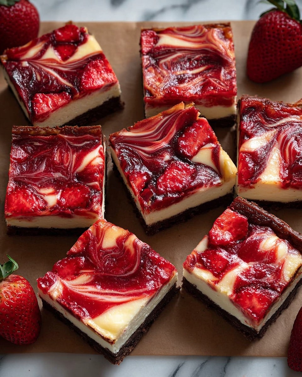 The image shows nine square pieces of a cheesecake with three visible layers: a dark brown bottom crust, a thick creamy white middle layer, and a glossy red strawberry swirl top layer with chunks of strawberries embedded in it. The cheesecake pieces are arranged closely on brown paper, surrounded by whole fresh strawberries. The red and white swirls on the top layer create a marbled effect with a shiny texture, contrasting with the smooth middle layer and the darker crust underneath. The background is a white marbled texture photo taken with an iphone --ar 4:5 --v 7