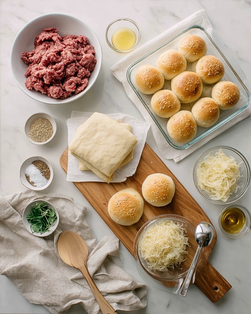 The image shows a white marbled surface with a white bowl on the left holding raw ground meat chunks. Above it are two square layers of pale, cracked dough stacked on a white cloth. In the top right, there is a glass baking dish with two layers: the bottom is pale with parchment paper and the top layer shows a neat 3 by 4 grid of golden brown buns. To the right of the meat bowl are three small silver bowls with white salt, a light brown seasoning, and red chili flakes on a wooden board, which also holds a bowl of shredded pale cheese and a small bunch of green herbs. A beige cloth is casually placed near the baking dish, and a wooden spatula and small block of pale butter rest on the left bottom side. A glass of water is near the dough. photo taken with an iphone --ar 4:5 --v 7