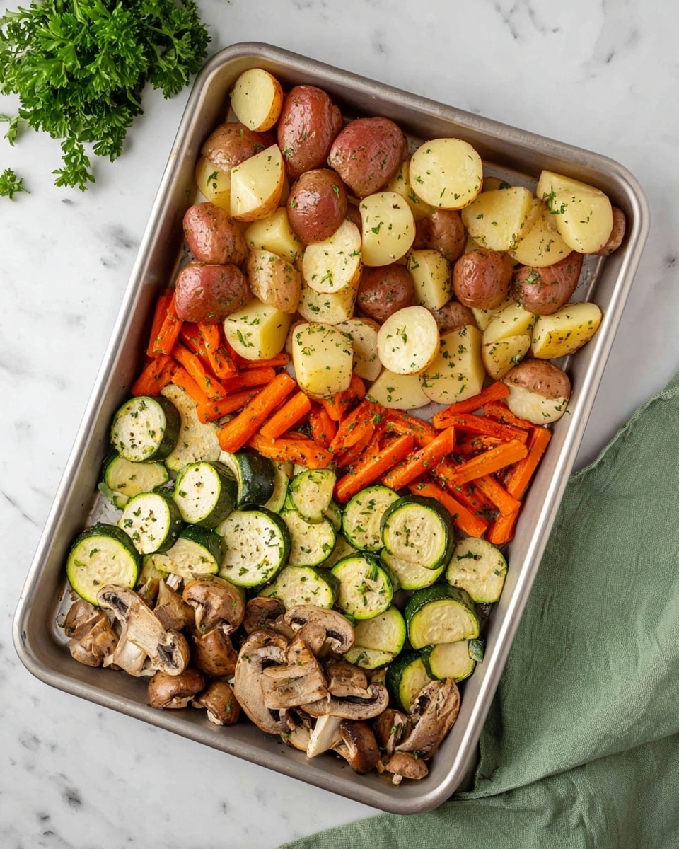 A rectangular metal baking tray is filled with three sections of chopped vegetables on a white marbled surface. The top left section has halved red potatoes with smooth light yellow insides and bright orange carrot sticks, both seasoned with herbs. The bottom right section contains sliced zucchini with dark green skin and white interiors, mixed with whole and halved brown mushrooms showing creamy white insides, also sprinkled with herbs. A green cloth napkin is partially visible under the tray, along with a small bunch of fresh green parsley on the side. photo taken with an iphone --ar 4:5 --v 7