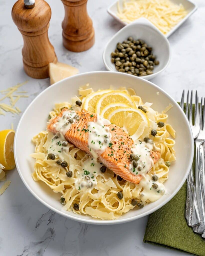 Creamy Lemon Salmon Piccata Pasta Recipe