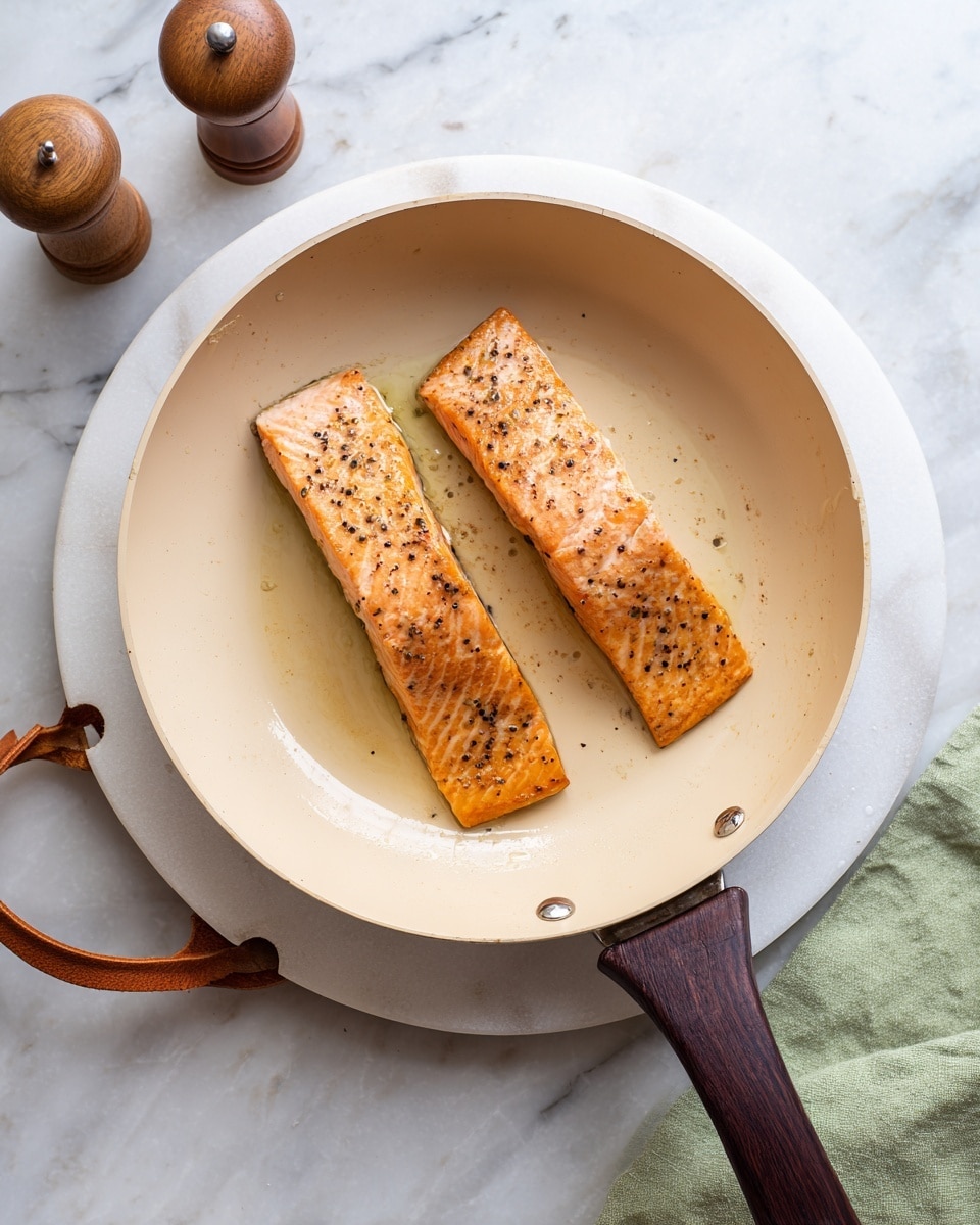 Two long, cooked salmon fillets with a light golden brown color and small black pepper specks lie parallel in a cream-colored skillet with a dark wooden handle. The skillet sits on a round white marble board with a leather loop at the top, all placed on a white marbled surface. Nearby there are wooden salt and pepper shakers and a folded green cloth napkin at the bottom right corner. The light in the image is soft and natural, highlighting the texture and slight shine of the salmon. photo taken with an iphone --ar 4:5 --v 7