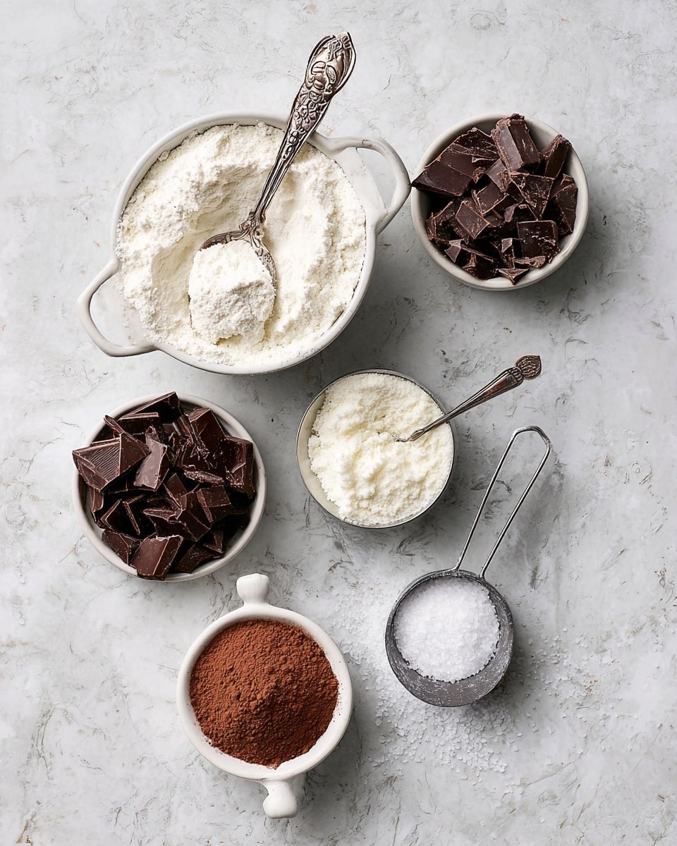The image shows five bowls and spoons with different ingredients arranged on a white marbled surface. On the top left, there is a white bowl with two handles filled with fine white powder, and an ornate silver spoon resting inside it with powder on the spoon. To the top right, a small white bowl holds dark brown chopped chocolate pieces. Below it to the left, another white bowl contains slightly larger pieces of dark chocolate. Near the center bottom, a small white measuring cup contains light brown cocoa powder. Next to it on the right, a small round metal scoop holds white powdered sugar, and a smaller silver spoon beside it contains a small pile of fine white salt. The ingredients are evenly spaced, the colors range from white to dark brown, contrasting crisply against the white marbled surface. Photo taken with an iphone --ar 4:5 --v 7