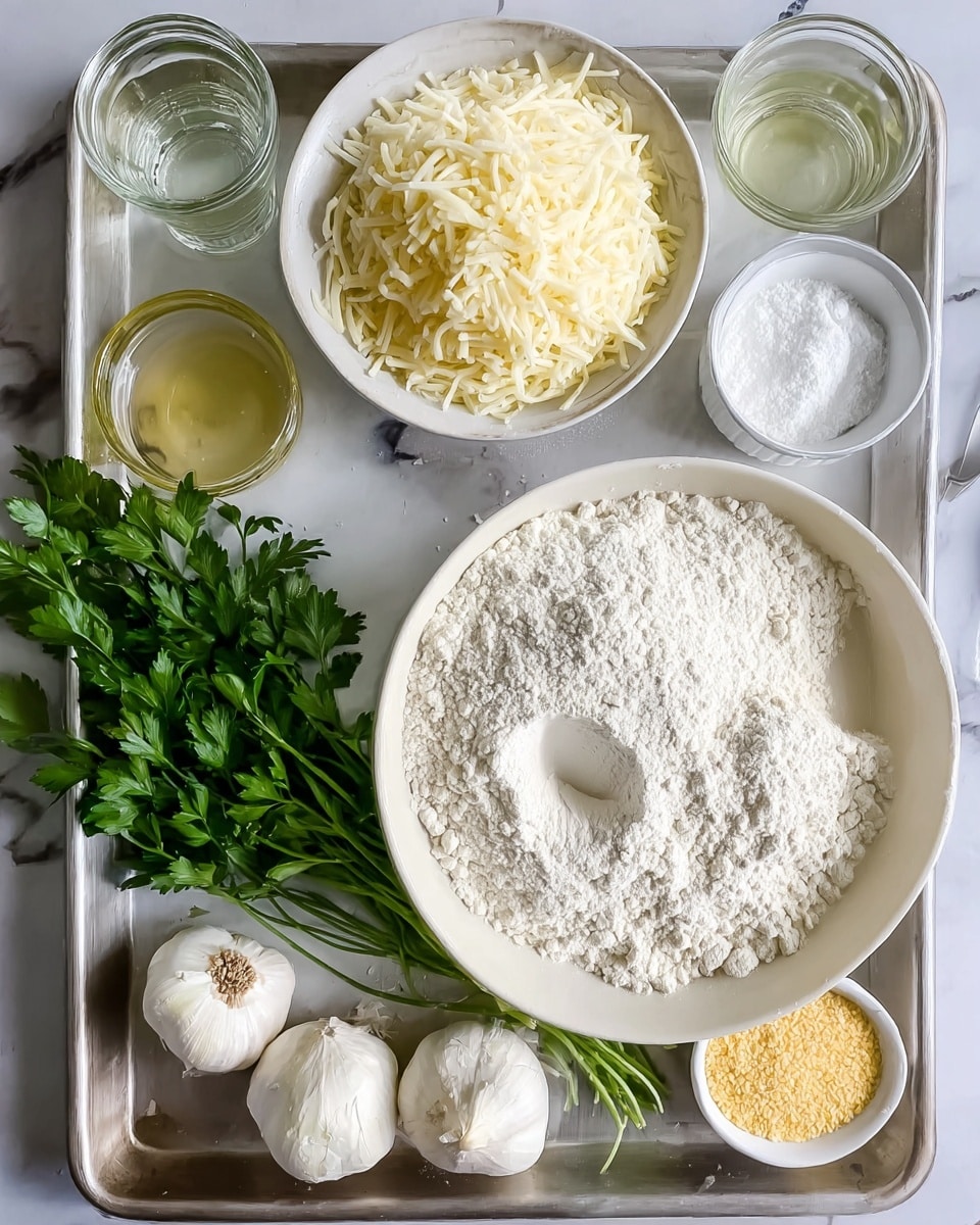 The image shows a metal tray on a white marbled surface with several cooking ingredients neatly placed. A large white bowl filled with white flour dominates the top right, with a noticeable indentation in the flour center. To the left of it, there is a white bowl packed with shredded pale yellow cheese. On the tray are two whole garlic bulbs with a bunch of fresh green parsley leaves beside them. There are also small glass containers with clear and light golden liquids, a dish with white powder, and a small portion of yellow granular substance. The arrangement is clean and organized with a mix of white, yellow, and green colors. Photo taken with an iphone --ar 4:5 --v 7