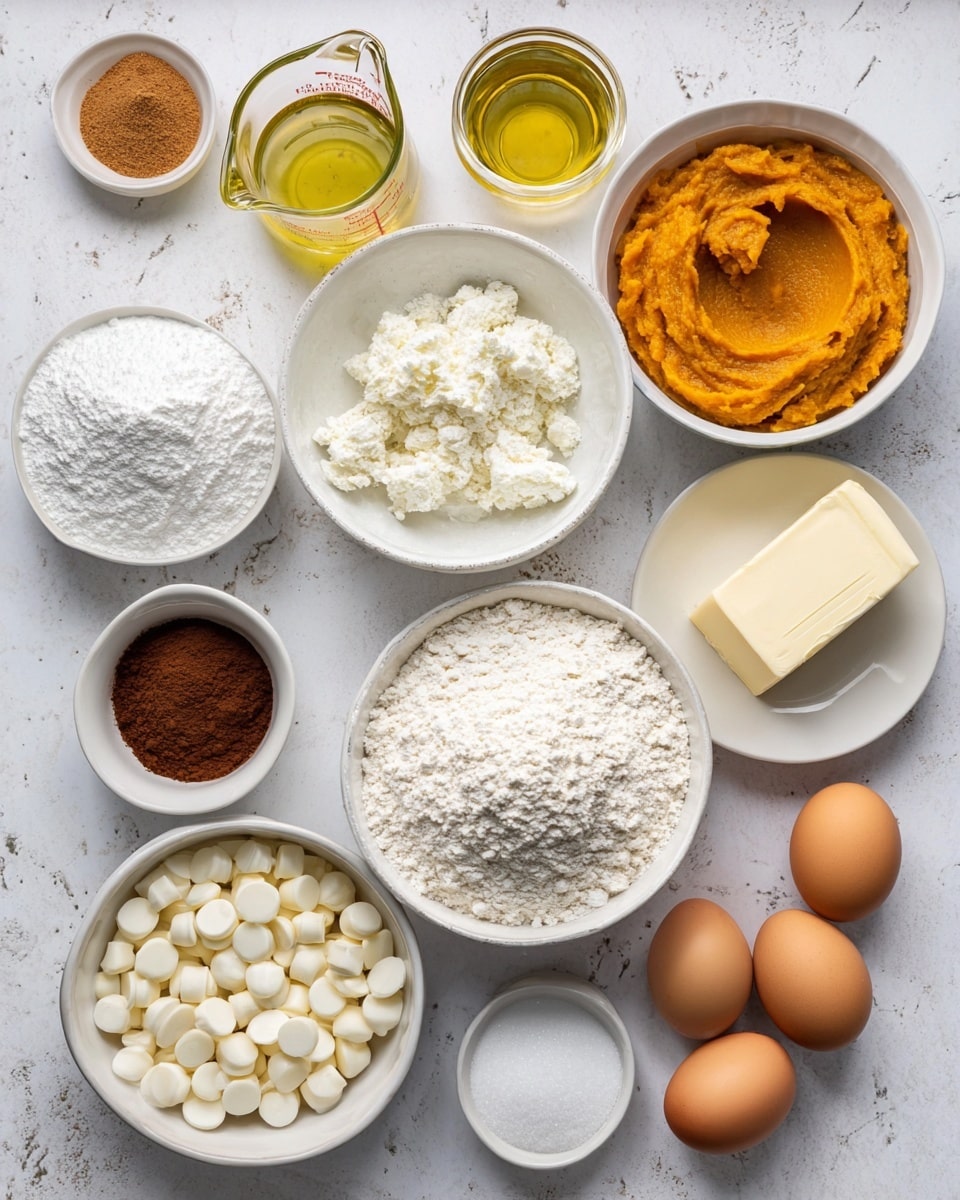 The image shows a top view of baking ingredients arranged neatly on a white marbled surface. There are 12 containers and 4 eggs. In the center is a larger bowl filled with white flour, and below it slightly to the right is a white bowl full of powdered sugar. To the left of the flour bowl, there is a bowl of white granulated sugar, and above it, a small bowl with dark brown cinnamon powder. To the upper right of the flour bowl is a bowl of smooth orange pumpkin puree, and above that, a white bowl filled with white chocolate chips. To the right of the pumpkin is a small round white plate with a block of butter. Above all of these is a clear measuring cup filled with yellow oil. On the top left corner sits a small bowl with brown spice powder, and below it, a bowl with baking soda. Near the bottom right of the image, four light brown eggs are placed in a small group. To the far right bottom corner is a very small bowl with salt. The composition is clean and bright, with soft natural lighting. Photo taken with an iphone --ar 4:5 --v 7