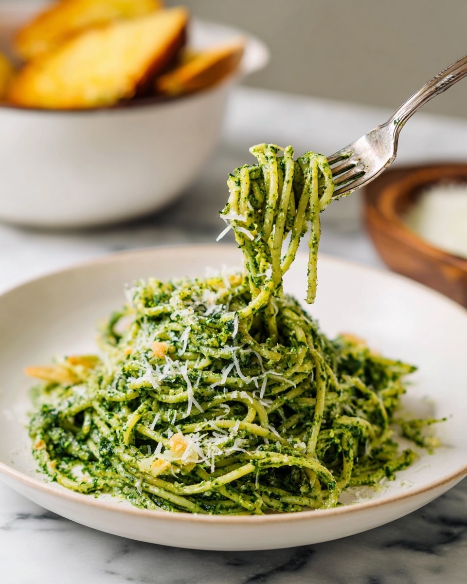 A white plate holds a mound of green pesto-covered spaghetti with small bits of cheese sprinkled on top. A silver fork lifts a twirl of the spaghetti, showing the noodles coated thickly in green pesto with flecks of grated cheese. In the blurred background, there are two pieces of golden toasted bread and a large white bowl filled with more pasta. The setting is on a white marbled surface. Photo taken with an iphone --ar 4:5 --v 7