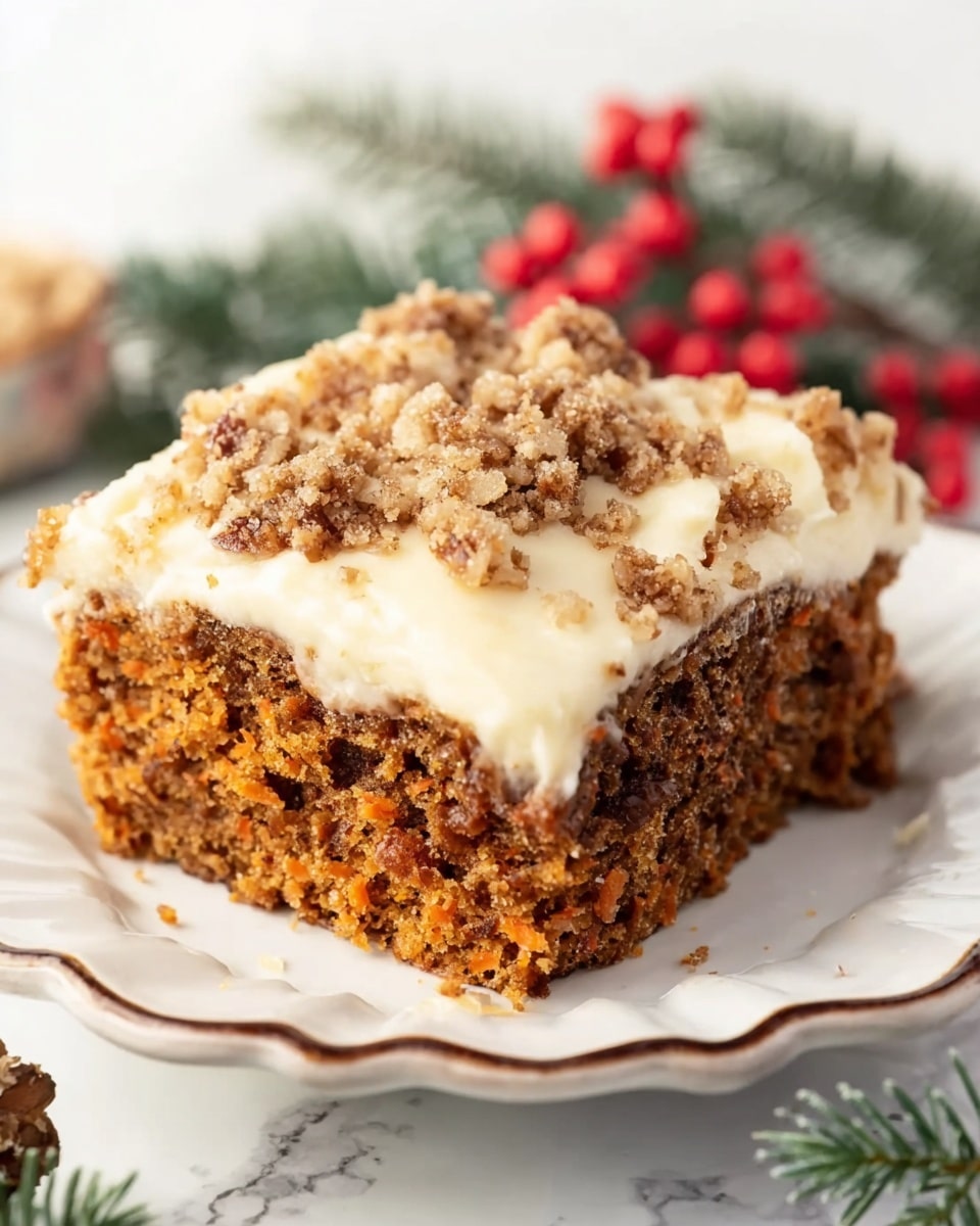 The image shows a single square piece of moist carrot cake on a white scalloped plate with subtle brown edging, placed on a white marbled surface decorated with red berries and green pine leaves. The cake has two main layers: a thick, dense, orange-brown carrot cake base with visible grated carrot texture, topped with a creamy, smooth layer of light beige frosting that spreads unevenly over the cake’s surface. Scattered on the frosting are small clusters of crumbly brown streusel bits that add texture and contrast. The photo taken with an iphone --ar 4:5 --v 7