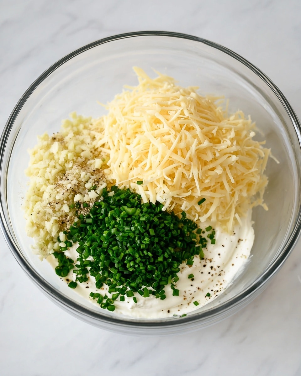 A clear glass bowl on a white marbled surface holds four main layers of ingredients. The bottom layer is creamy white, likely mayonnaise or sour cream, sprinkled with small black pepper dots and coarse white salt grains. On top of this, there is a pile of finely chopped light yellow or beige minced garlic on the left side. To the right of the garlic, there is a thick heap of small, bright green chopped chives. Above the chives and garlic is a large mound of pale yellow shredded cheese with a slightly dry texture. The bowl is centered in the image with a clean, bright background. photo taken with an iphone --ar 4:5 --v 7