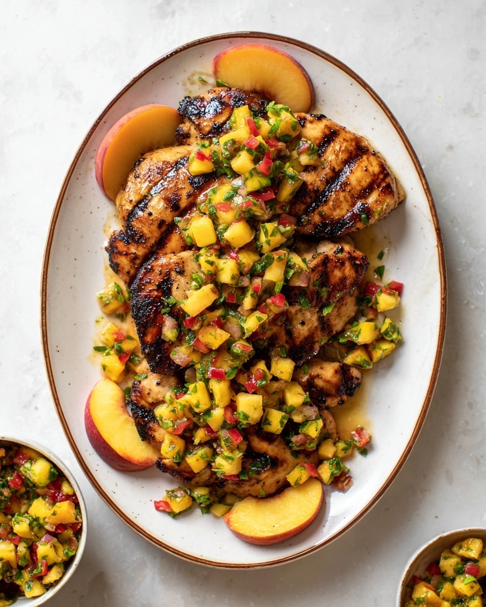 The dish shows four grilled chicken pieces with dark grill marks stacked on a white oval plate with a thin brown rim. The chicken is topped with vibrant peach and pineapple salsa made of finely chopped yellow, red, and green fruits and herbs, spread evenly across the chicken out to the edges of the plate. There are peach slices placed around the chicken on the plate. The plate is placed on a white marbled surface with a small bowl in the bottom right corner holding extra salsa. The colors are warm and fresh, with contrasting deep brown chicken and bright salsa tones. Photo taken with an iphone --ar 4:5 --v 7