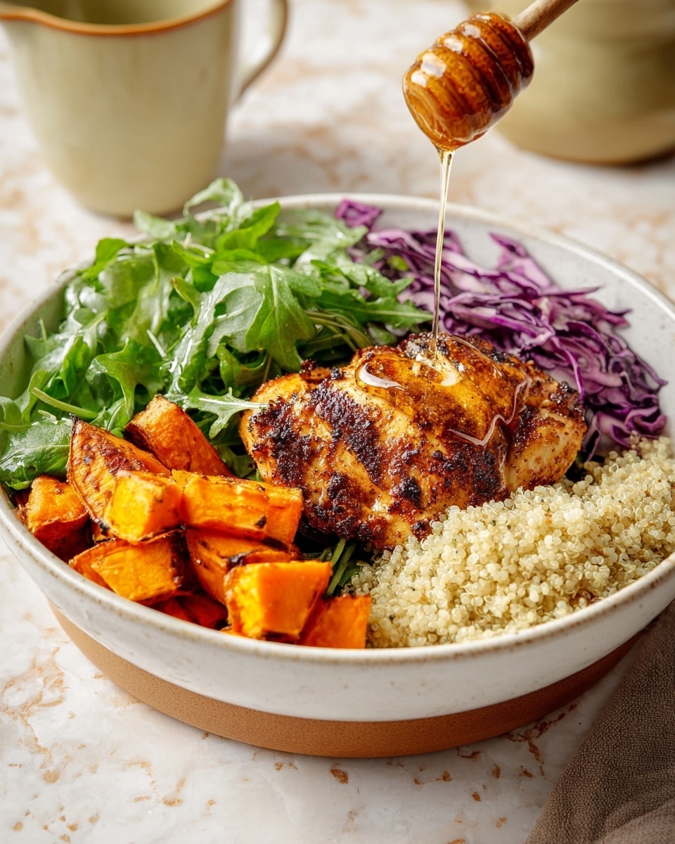 A white bowl holds five main layers: at the bottom right is a fluffy, pale quinoa layer with a grainy texture; next to it is a pile of bright orange roasted sweet potato cubes with a slightly crispy look; in the center rests a golden brown, grilled chicken piece with char marks and a glossy honey drizzle falling from a wooden honey dipper above; behind the chicken, fresh dark green arugula leaves form a leafy bed; and to the left back is a pile of shredded purple cabbage. The bowl sits on a white marbled surface, with a blurred beige ceramic cup in the background. Photo taken with an iphone --ar 4:5 --v 7