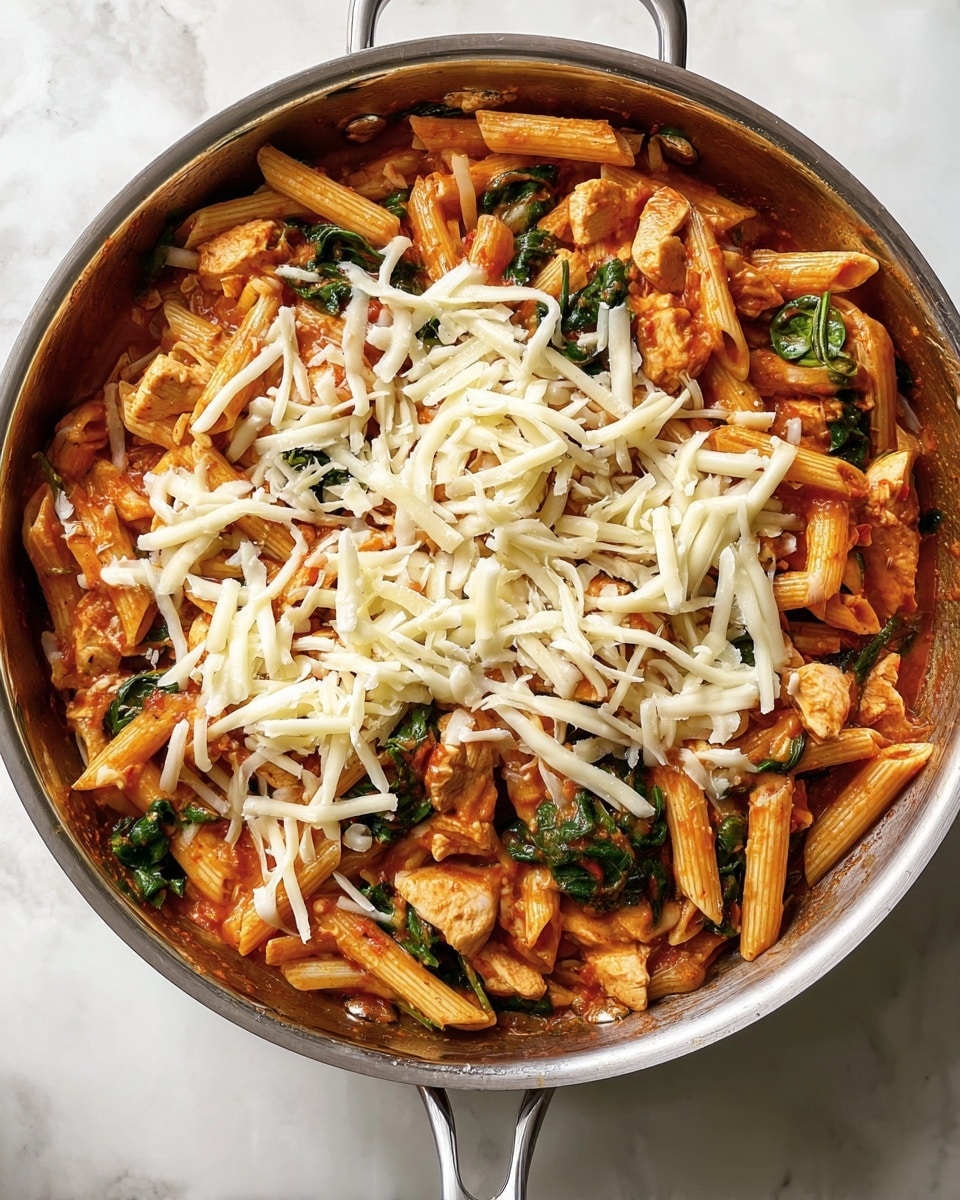 A metal pan filled with cooked penne pasta in a red sauce with pieces of light brown chicken and green spinach mixed throughout. On top of the pasta is a generous layer of shredded white cheese scattered evenly, covering most of the surface. The pan is placed on a white marbled texture surface, and the handle extends to the right side of the image. The textures show the pasta slightly glossy from the sauce and the cheese soft and fresh. photo taken with an iphone --ar 4:5 --v 7