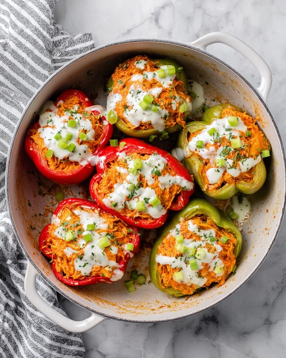 The image shows six stuffed bell peppers arranged inside a white round pot on a white marbled surface. Each bell pepper is halved and filled with a chunky, orange-colored mixture that looks creamy and textured, likely containing shredded ingredients. The tops of the fillings are drizzled with a white sauce speckled with green herbs and small green onion slices. The bell peppers come in red and green colors, with the red peppers appearing on the left and the bottom side, while the green peppers are on the upper right and center right. The pot has two handles, and some of the filling and sauce is spread slightly inside around the peppers. A striped cloth is placed near the bottom left corner of the pot. photo taken with an iphone --ar 4:5 --v 7