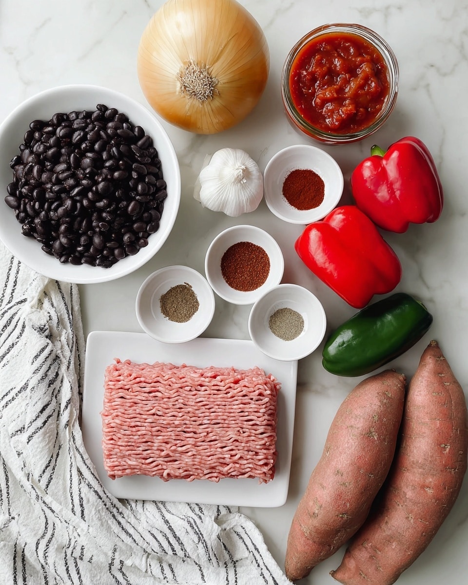 A flat white plate holds a layer of light pink ground meat with a soft texture and parallel ridges, placed in the bottom left corner. Above and to the left, a small white bowl filled with shiny black beans contrasts with the meat. Near the top, two clear glass containers hold thick red tomato sauce with chunks, next to a large yellow onion with dry skin and a white garlic bulb. To the right of the onion, three small white bowls each contain a different powdered spice: a red one on top, a dark brown one in the middle, and another red spice on the bottom. In the center, three bright red mini bell peppers are arranged side by side next to a green fresh jalapeño. At the bottom right, three raw sweet potatoes with reddish-brown skin and patches of dirt lay next to a white cloth with black stripes, all on a white marbled surface photo taken with an iphone --ar 4:5 --v 7