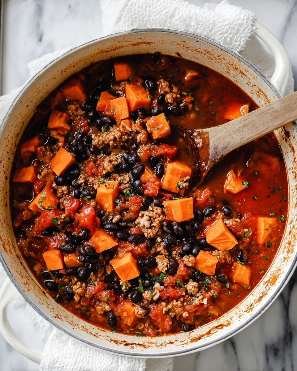 The image shows a white pot filled with a thick stew containing three main layers: bright orange cubes of sweet potato, shiny black beans, and small pieces of light brown cooked ground meat, all mixed in a rich reddish-brown tomato sauce with visible herbs and spices. A wooden spoon rests inside the pot, partially covered with the stew. The pot sits on a white marbled surface with a white cloth beside it. photo taken with an iphone --ar 4:5 --v 7