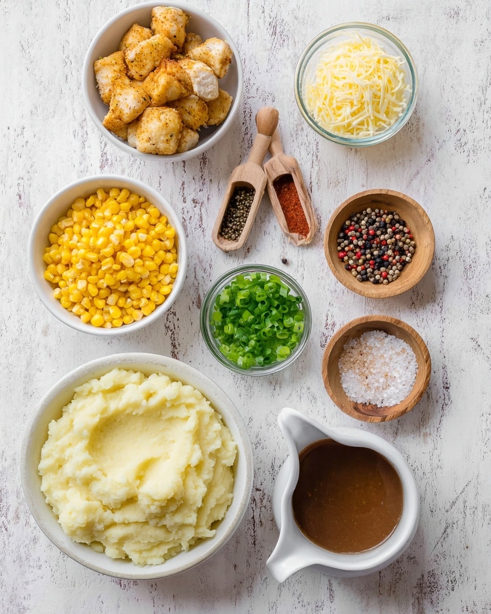 The image shows a flat lay of several small white bowls and glass containers arranged on a white marbled surface. At the bottom left is a large white bowl filled with creamy mashed potatoes that have a slightly rough texture. Above it, to the left, is a white bowl filled with bright yellow corn kernels. Next to the corn, there is a clear glass bowl with small, golden-brown seasoned pieces of chicken. In the middle top area, a small white bowl contains chopped green onions with a fresh, vibrant green color. To the right, two wooden bowls contain coarse sea salt and a mix of black, white, and red peppercorns, each with a small wooden scoop inside. At the bottom right, a small white pitcher holds a rich brown gravy with a glossy surface, and above it is a small clear glass bowl filled with pale yellow shredded cheese. The light is bright and natural, enhancing the colors and textures of each ingredient. photo taken with an iphone --ar 4:5 --v 7
