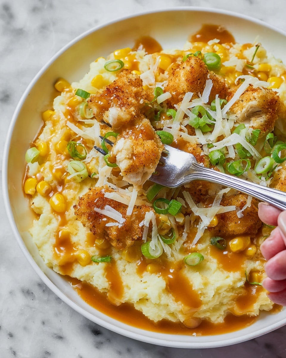 The dish shows a base layer of light yellow mashed potatoes with a creamy texture, topped with small bright yellow corn kernels scattered evenly. Above the corn, crispy golden brown chunks of breaded chicken are placed, some covered with thin strands of white shredded cheese melting slightly. Green onion rings are sprinkled across the top, adding a fresh contrast in color. A warm orange sauce is drizzled over the dish, pooling slightly around the ingredients. A silver fork is partly inserted into the food, with a woman’s hand holding it. The dish sits on a white plate on a white marbled textured surface photo taken with an iphone --ar 4:5 --v 7