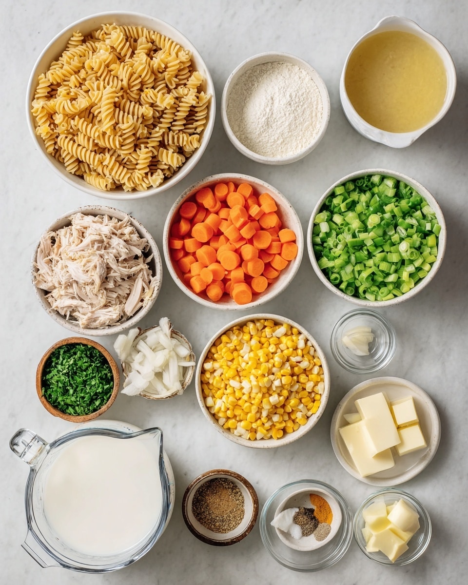 The image shows an overhead view of multiple small white bowls and clear measuring cups arranged on a white marbled surface. One bowl holds dry spiral pasta in a light golden color, another contains shredded light brown cooked chicken. There are small bowls filled with bright orange sliced carrots, fresh green diced celery, frozen green peas, yellow corn kernels, finely chopped white onions, and chopped dark green parsley. Two smaller bowls contain white flour and pale yellow grated cheese. Several rustic small bowls hold various spices and minced garlic, along with a couple of small cubes of pale yellow butter. Two clear measuring cups contain light yellow broth and white milk. The overall arrangement is neat and organized. photo taken with an iphone --ar 4:5 --v 7