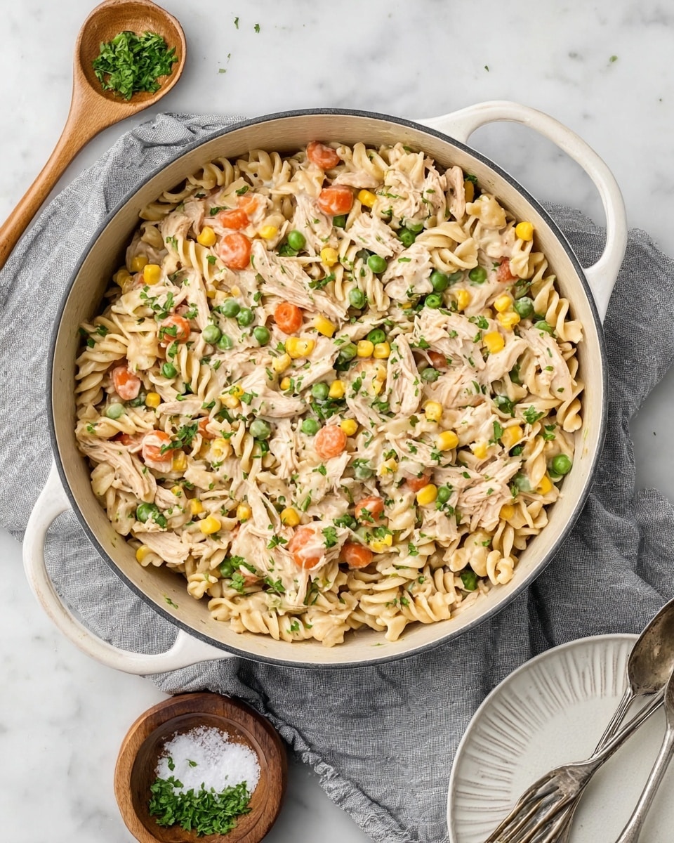 A large white pot filled with creamy pasta mixed with shredded chicken, peas, orange carrot slices, corn, and celery pieces, all coated in a light beige sauce and sprinkled with chopped green parsley on top. The pot sits on a soft gray cloth with two silver forks placed beside it on a white marbled surface, accompanied by a small wooden bowl of salt with a wooden spoon and a small white bowl of chopped herbs. An empty white ridged plate is partially visible in the corner. photo taken with an iphone --ar 4:5 --v 7