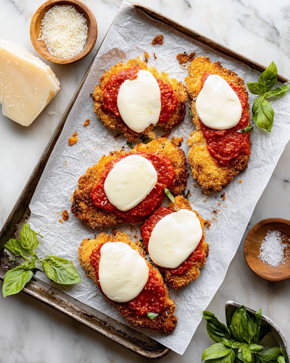 Four pieces of breaded chicken cutlets lie on a baking tray lined with parchment paper, each topped with a thick layer of bright red tomato sauce and two oval white slices of fresh mozzarella cheese. The breading is golden brown and crispy, with small browned crumbs scattered around the tray. In the corner, fresh green basil leaves and a chunk of parmesan cheese add color, while small wooden bowls hold grated parmesan and coarse salt on a white marbled surface. Photo taken with an iphone --ar 4:5 --v 7