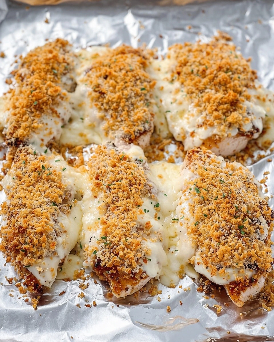 The image shows four pieces of cooked chicken placed side by side on aluminum foil. Each piece is topped with a layer of melted white cheese that partially drips off the edges, covered by a single layer of toasted, golden-brown breadcrumbs sprinkled all over the cheese. The chicken pieces have a slightly browned, textured surface underneath the cheese and crumbs, visible through some gaps. The aluminum foil beneath has a shiny, crinkled texture with some scattered crumbs. Photo taken with an iphone --ar 4:5 --v 7