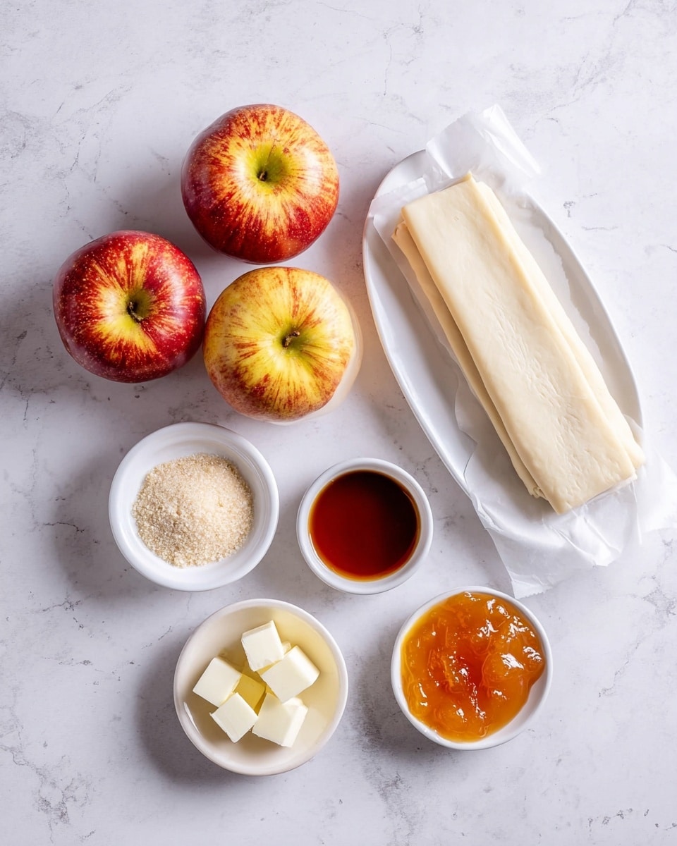 The image shows ingredients arranged on a white marbled surface for making an apple dessert. There are four whole apples with red and yellow skin placed near the top center. Below the apples, small white bowls hold light brown sugar, cubed white butter, and a clear liquid, while a square white dish contains a dark amber syrup. A white oval plate on the right holds a folded sheet of light beige pastry dough partially wrapped in white parchment paper. To the far right, another small white bowl contains shiny orange apricot jam. All items are spaced evenly, presenting a clean and organized look. Photo taken with an iphone --ar 4:5 --v 7