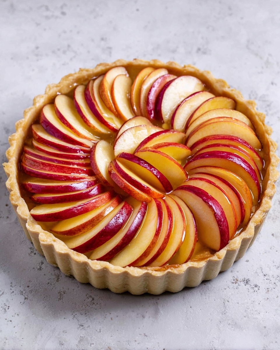 A round tart shows a single pie crust layer forming the base and edges, light beige in color and slightly crimped at the rim. On top, thin slices of red and yellow apples are arranged in a neat circular pattern, layered closely together and standing upright along the entire inside of the crust. The apple slices alternate in color with glossy, smooth skin visible, creating a swirling effect that spirals from the outer edge to a small cluster in the middle. The tart sits on a white marbled surface. Photo taken with an iphone --ar 4:5 --v 7