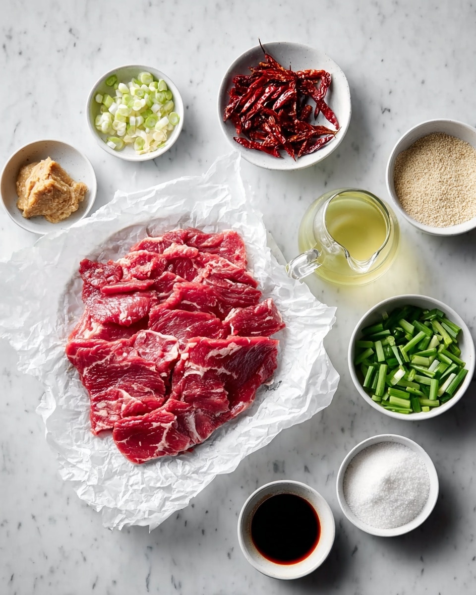 Thin slices of raw red meat with white fat marbling are placed on white crumpled paper at the center. Around it, there are small white bowls with chopped garlic, chopped ginger, dried red chili peppers, and chopped green onions showing fresh green and white colors. A small clear glass jug contains a light yellow liquid, next to it a white bowl has a light brown paste. A white bowl holds a dark liquid, and another white bowl contains white powder, all arranged on a white marbled surface. Photo taken with an iphone --ar 4:5 --v 7
