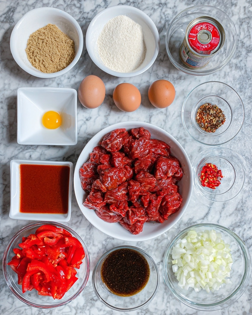 The image shows a white bowl on the right filled with many pieces of raw red meat coated in dark red spices. Around it, there are two brown eggs. To the left of the bowl, there are several small white bowls and glass bowls arranged on a white marbled surface. The top left white bowl holds a light brown crumbly substance. Next to it, another white bowl contains a white powder. Below them, a square white bowl has a thick red sauce. Nearby, a small glass bowl contains a dark brown liquid. Below the sauces, a small glass bowl holds finely chopped red chili and minced garlic. To its right, an opened can of red paste is visible. Below, a small white bowl contains a dark soy-like sauce. To the right of this bowl, a glass bowl is filled with chopped white onion, and another glass bowl below that holds bright red chopped bell peppers. Everything is arranged neatly on the marble surface. photo taken with an iphone --ar 4:5 --v 7