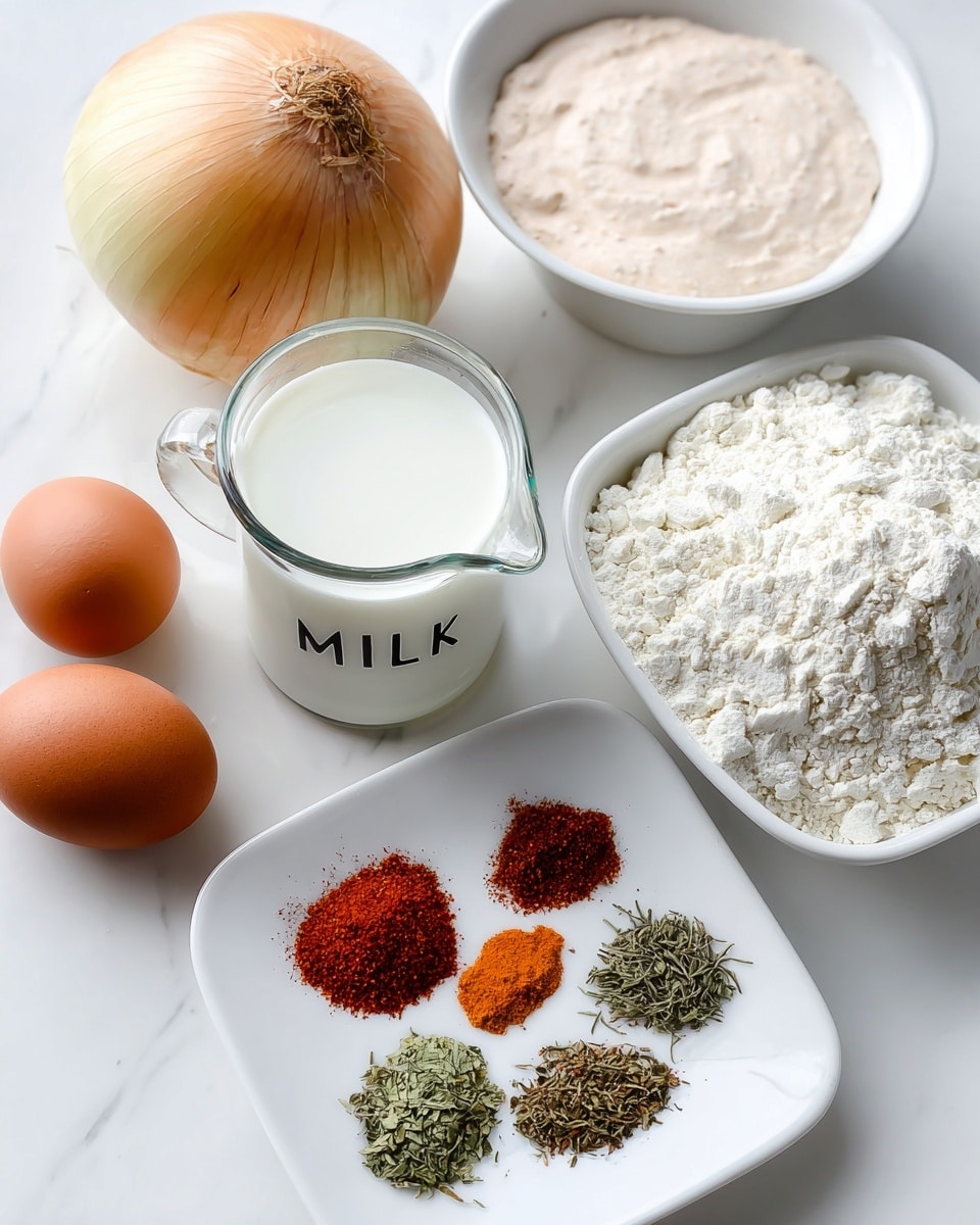 The image shows ingredients neatly placed on a white marbled surface. There are two brown eggs in the bottom left, next to a clear glass cup of milk with the word