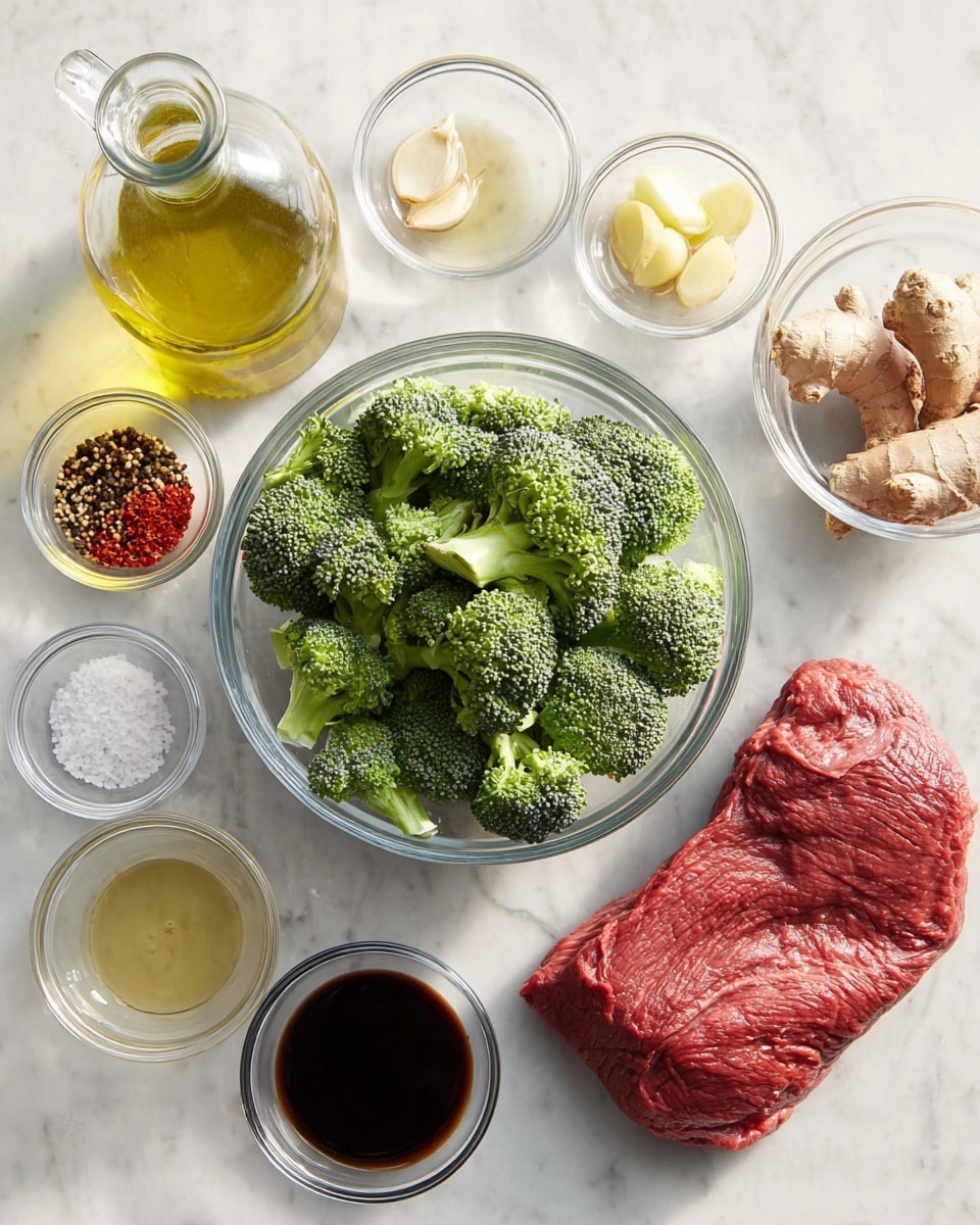 A collection of cooking ingredients arranged on a white marbled surface includes 10 clear glass bowls and a clear glass bottle. One large bowl in the center holds bright green broccoli florets with detailed textures. To the right, a large bowl contains a red, raw piece of beef, showing a fresh, smooth surface. Smaller bowls at the top show light yellow garlic cloves, a piece of light brown ginger root, and dark brown soy sauce. On the left side, bowls hold a mix of black pepper, red pepper flakes, and white salt, along with light yellow oil, clear liquid, a small bowl of light brown sauce, and another bowl of dark sauce that almost looks black. A glass bottle containing yellow oil is also on the bottom left. The lighting is natural, highlighting the fresh and raw look of the ingredients. photo taken with an iphone --ar 4:5 --v 7