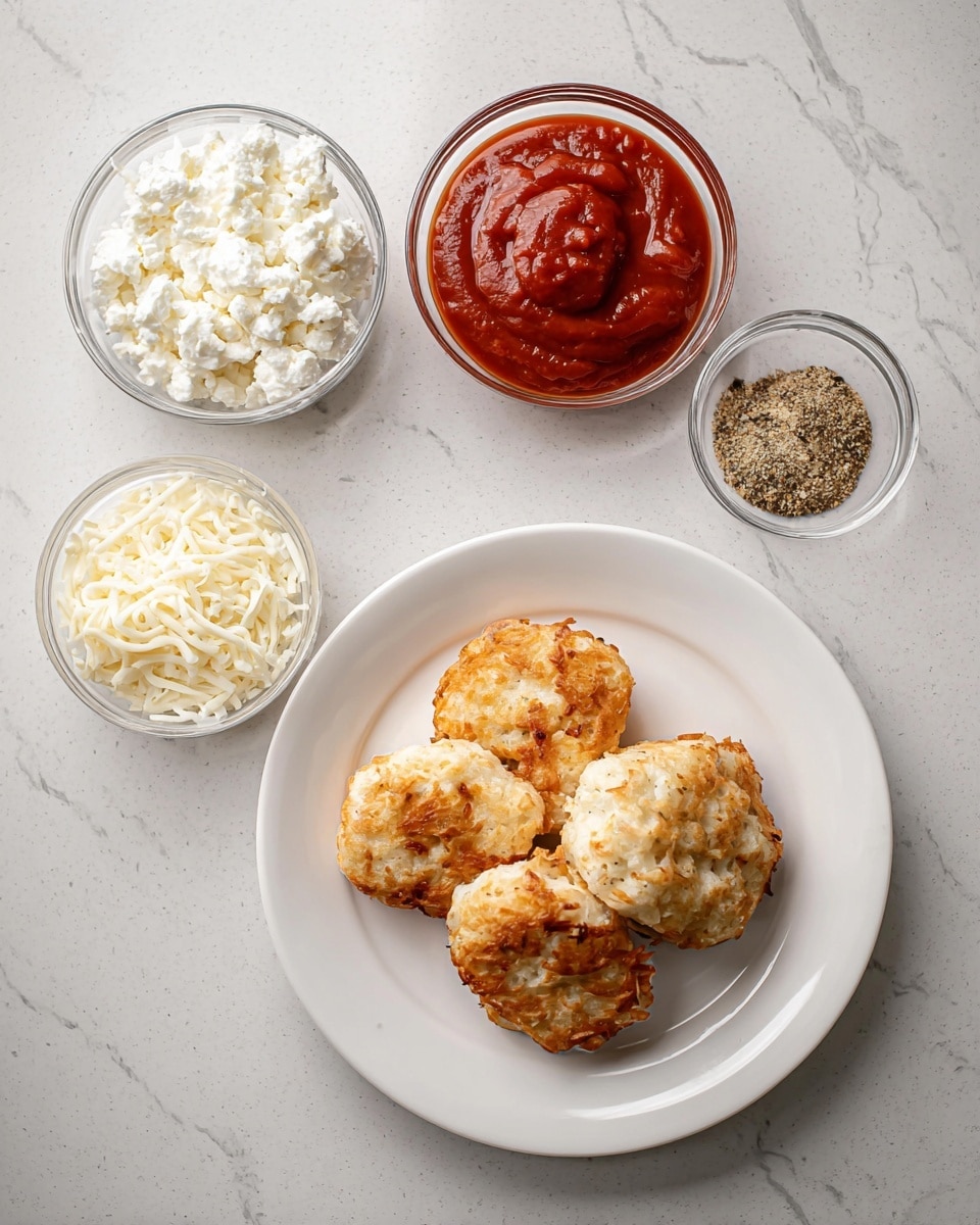 The image shows a white plate with three small, round, golden-brown crispy pieces of cooked food, with a rough texture on top. Around the plate are four small white or clear bowls: one with smooth, thick red sauce; one with white, lumpy cottage cheese; one with shredded white cheese; and a small bowl with mixed light and dark spices. All items are placed on a white marbled surface. photo taken with an iphone --ar 4:5 --v 7