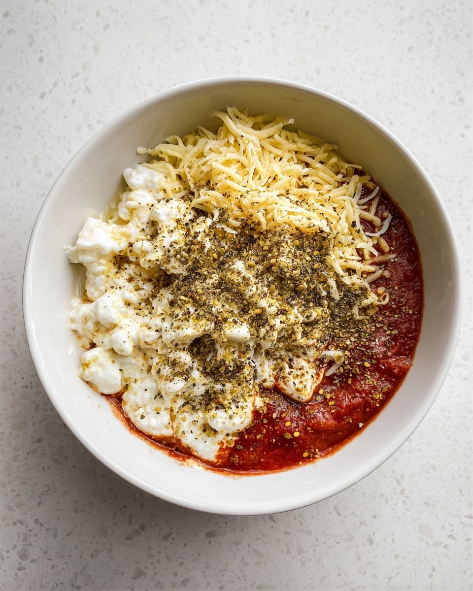 A white bowl sits on a white marbled surface, filled with three main layers. At the bottom, there is a smooth, thick red sauce covering about half the bowl. On top of the sauce toward one side are soft, curd-like small white lumps, while next to this is a pile of light yellow shredded cheese. Both the cheese and curds are sprinkled generously with a mix of ground black pepper and other spices, adding texture and a speckled look across the top. photo taken with an iphone --ar 4:5 --v 7