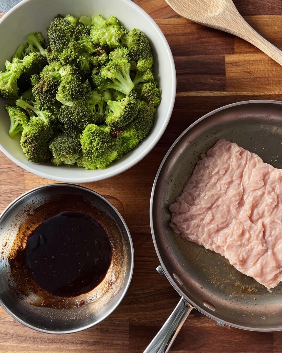 The image shows a cooking scene with three main parts: in the right pan, there's a light pink layer of raw ground chicken spread thinly with a smooth texture; above it, there is a white bowl filled with bright green broccoli florets, some showing slightly charred edges and rough textures; below and to the left, a small shiny steel bowl has a dark brown sauce with a glossy, smooth surface and some sauce stains on the sides; the background is a wooden countertop with a wooden spoon resting near the broccoli bowl. Photo taken with an iphone --ar 4:5 --v 7