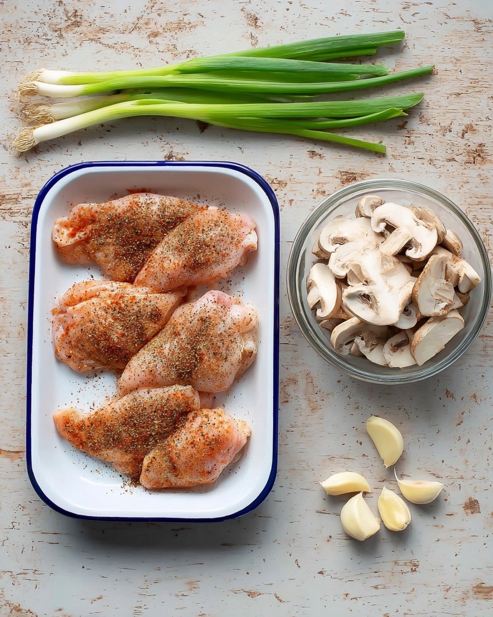 The image shows five raw chicken pieces spread out in one layer on a white tray with a blue rim. Each piece is evenly coated with a mix of spices including black pepper and reddish paprika, giving the chicken a speckled look with red and black colors. To the left of the tray, there are three long green onions with fresh green stalks and white bases placed side by side. On the right side, there is a clear glass bowl filled with white mushroom slices showing their soft texture and light brown gills. Below the bowl, three peeled garlic cloves sit on a white marbled surface that covers the whole background. photo taken with an iphone --ar 4:5 --v 7