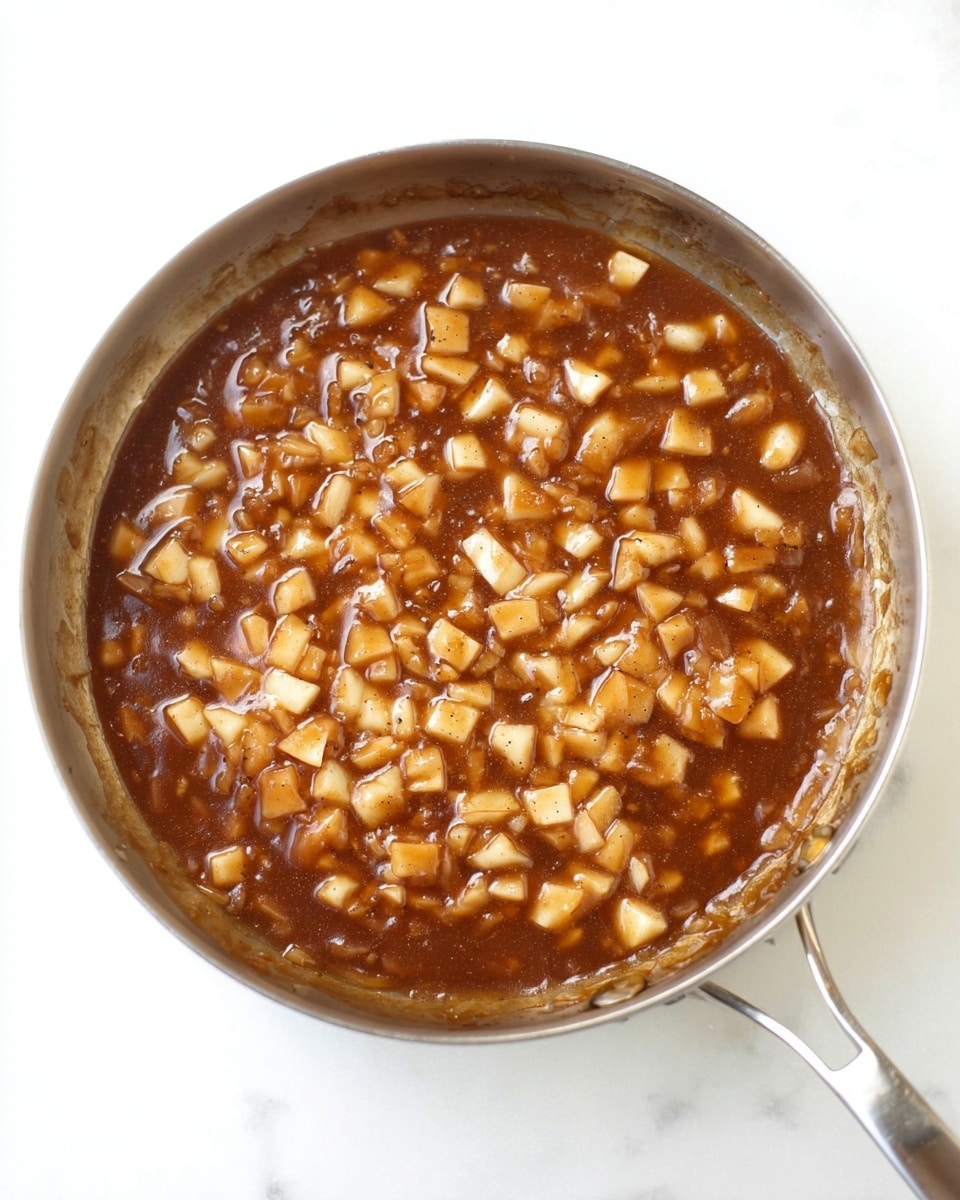 A silver pan filled with a thick, brown sauce mixed with small, light beige pieces of diced apples. The sauce looks glossy and coats the apple pieces evenly. The diced apples are spread throughout the sauce, giving a chunky texture to the dish, and the pan handle extends from the bottom right. The background is a white marbled surface. Photo taken with an iphone --ar 4:5 --v 7