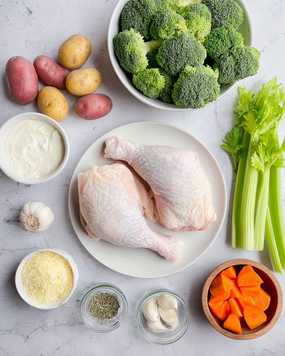 The image shows a clean white plate in the center with two raw chicken leg quarters placed on it, their pale pink skin slightly textured. To the upper right, a white bowl filled with fresh green broccoli florets is set on a white marbled surface. Below the broccoli, fresh celery stalks with leaves lie to the right of the plate. On the lower right side, a small wooden bowl holds two garlic cloves beside a tiny glass container of dried herbs. Below the plate, a white bowl is filled with finely grated cheese, and next to it is another white bowl containing orange carrot slices. To the left of the plate, several small red potatoes cluster near three long pale green leek stalks. At the top left, a white ramekin holds a dollop of creamy white sour cream or yogurt. The entire scene is arranged neatly on a light white marbled countertop photo taken with an iphone --ar 4:5 --v 7