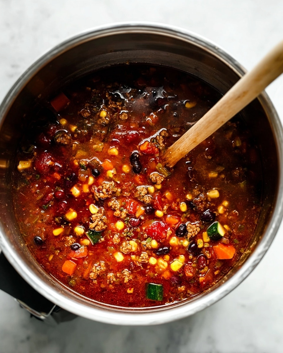 A close-up view of a deep stainless steel pot filled with a rich, chunky soup. The soup has a dark reddish-brown broth base with visible layers of mixed ingredients: bright yellow corn kernels, shiny black beans, small pieces of green zucchini, soft red tomato chunks, finely minced brown ground meat, and small orange carrot bits. A wooden spoon rests inside the pot, partially immersed in the soup, giving a sense of stirring. The pot is placed on a white marbled surface that adds a clean and bright contrast to the vibrant colors of the soup. photo taken with an iphone --ar 4:5 --v 7